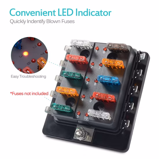 8 Way LED Illuminated Automotive Blade Fuse Holder Box 10-Circuit Fuse Block with Cover